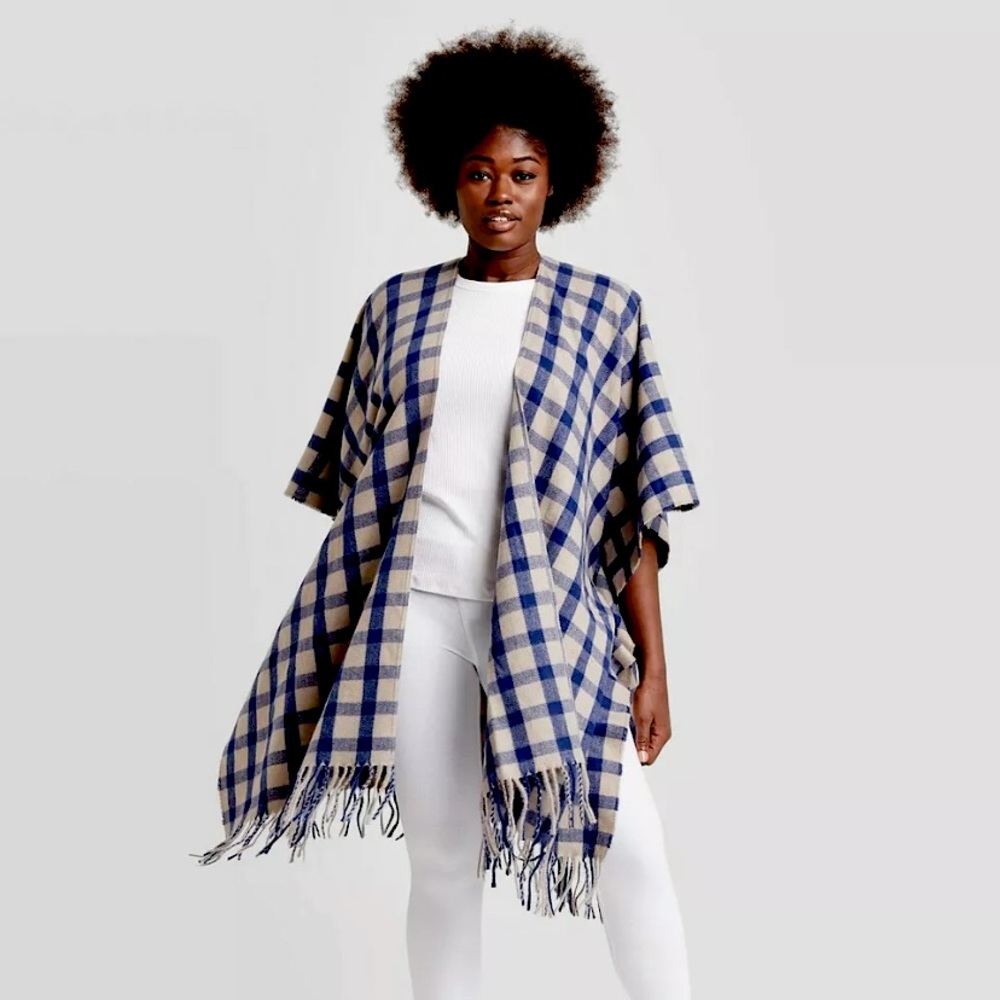 A New Day Blue Brown Kimono Cape Sweater Recycled Polyester One Size OSFM NEW